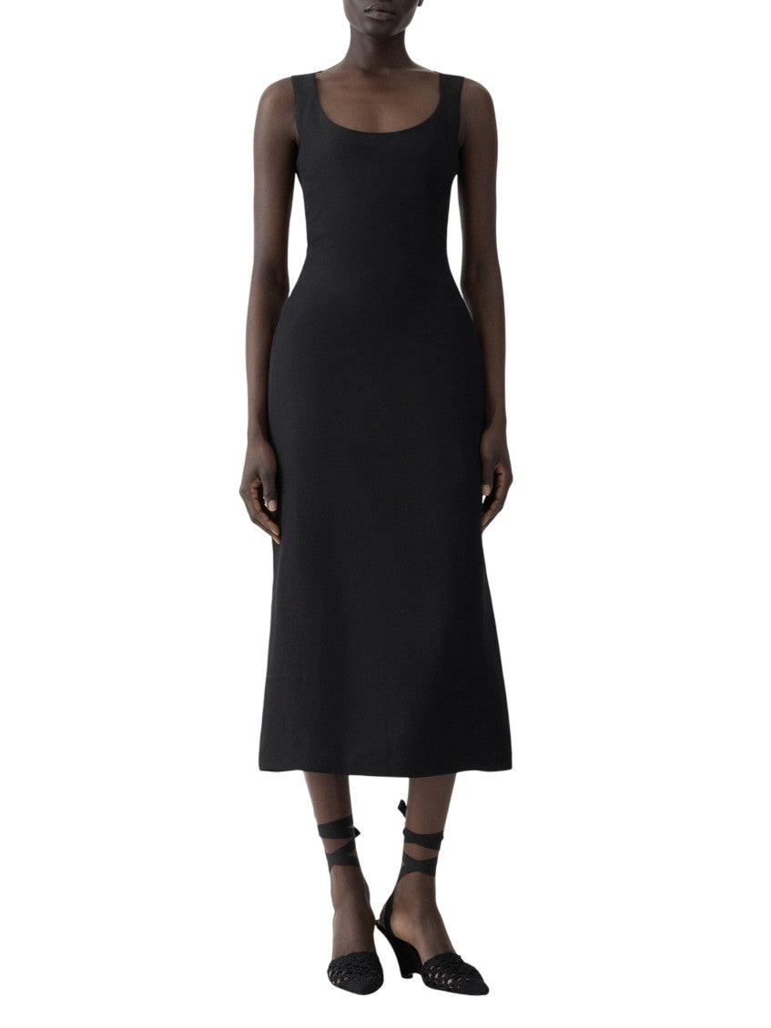 Black Solid Round Neck Midi Dress 2