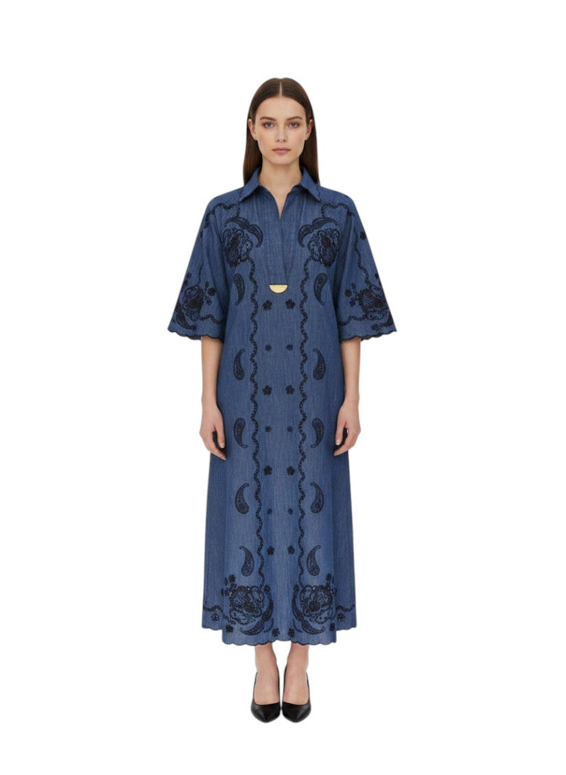 Blue Paisley Shirt Collar Midi Dress 1