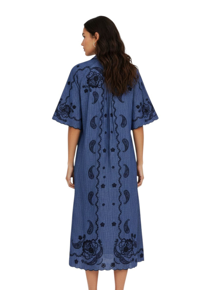 Blue Paisley Shirt Collar Midi Dress 2