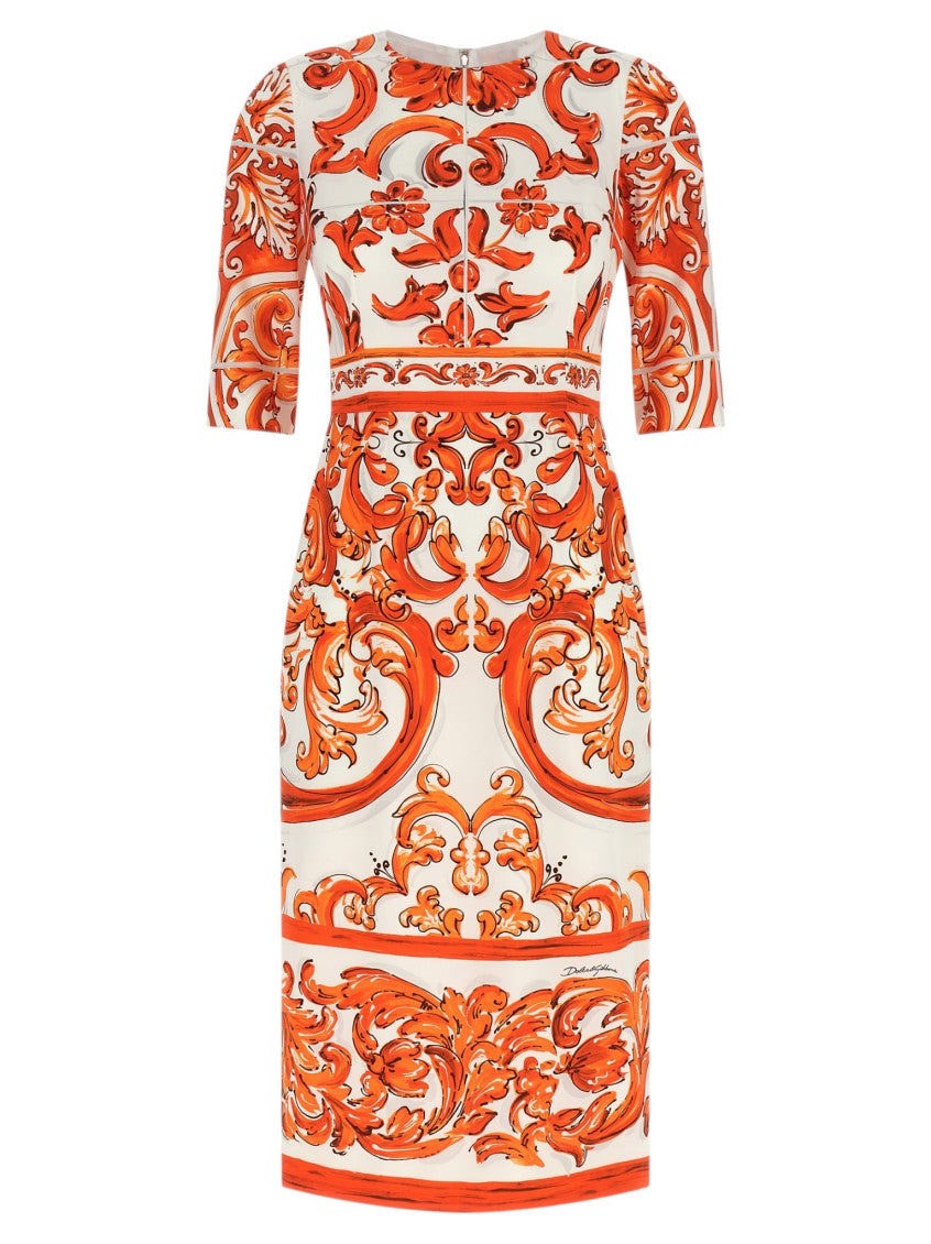 Orange Printed Round Neck Midi Dress 1