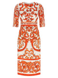 Orange Printed Round Neck Midi Dress 1