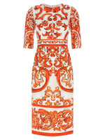 Orange Printed Round Neck Midi Dress 1