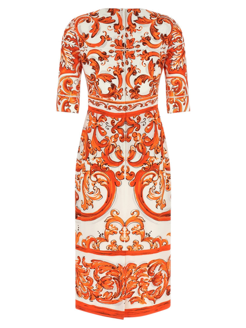 Orange Printed Round Neck Midi Dress 2