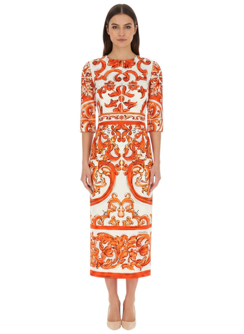Orange Printed Round Neck Midi Dress 3
