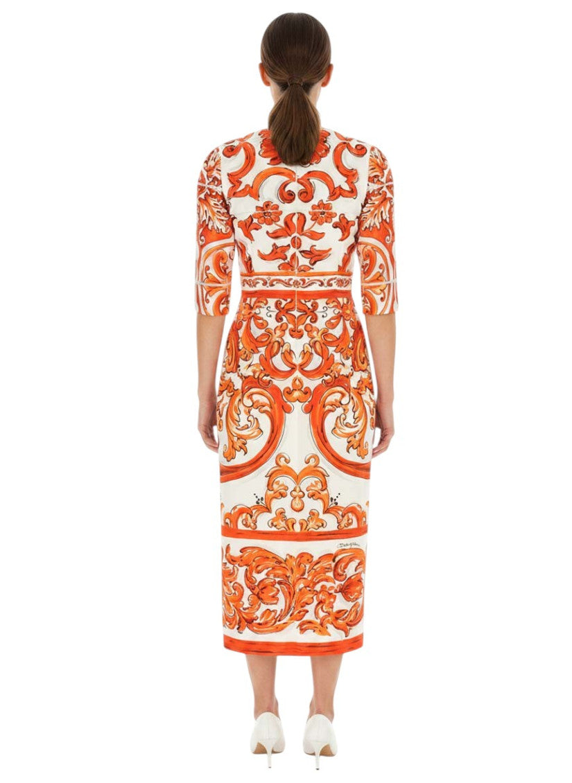 Orange Printed Round Neck Midi Dress 4