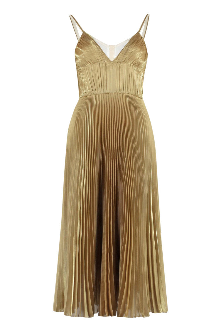 Golden Pleated V Neck Midi Dress 1