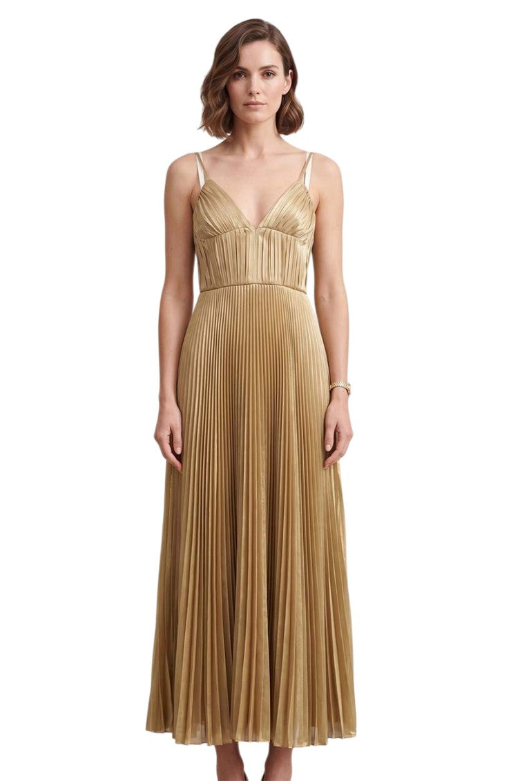 Golden Pleated V Neck Midi Dress 3