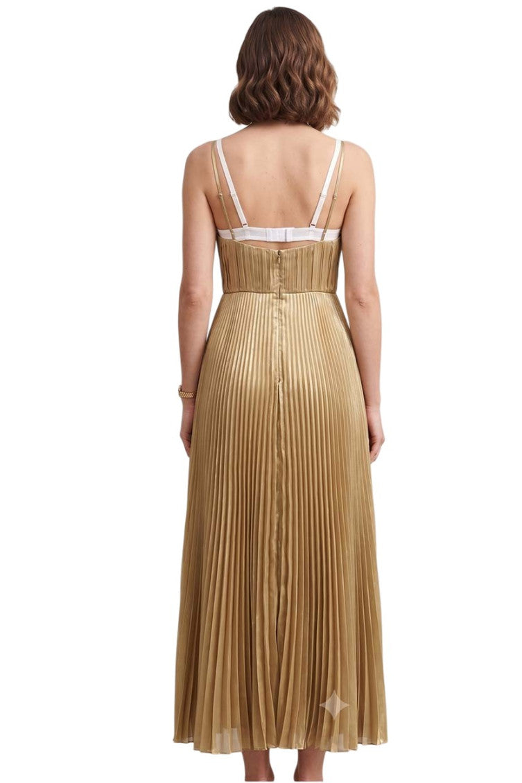 Golden Pleated V Neck Midi Dress 4
