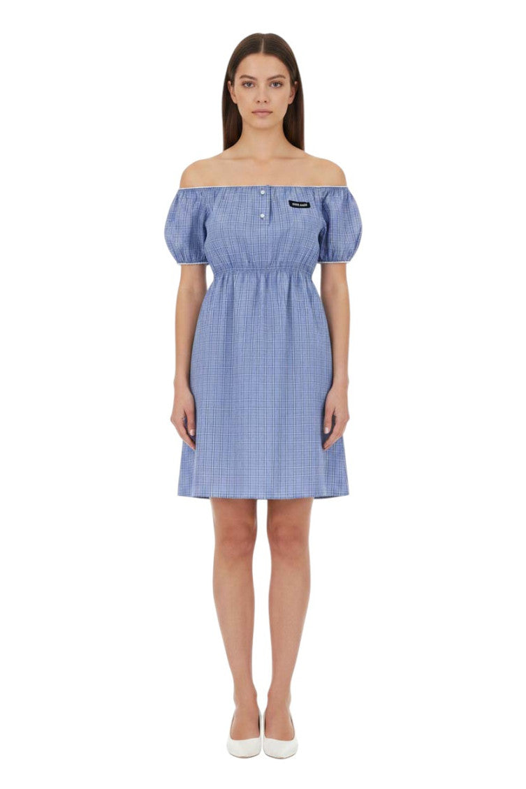 Blue Checks Off Shoulder Mini Dress 3