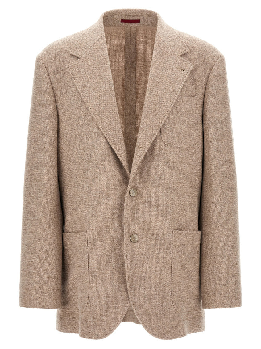 Beige Textured Notched Lapel Blazer 1