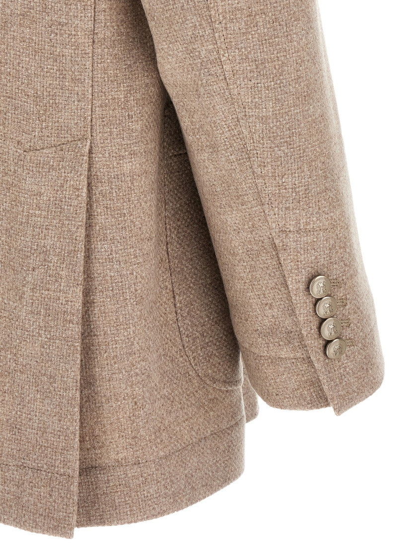 Beige Textured Notched Lapel Blazer 4