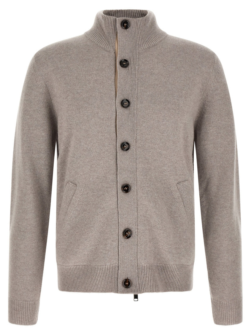 Beige Solid Mandarin Collar Sweater 1
