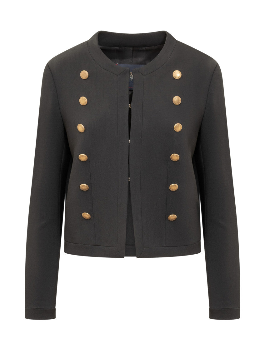 Black Solid Crew Neck Blazer 1
