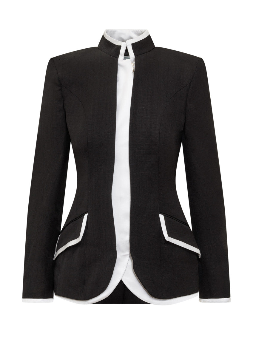 Black Solid Mandarin Collar Blazer 1