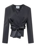 Black V Neck Tie Waist Blazer 1