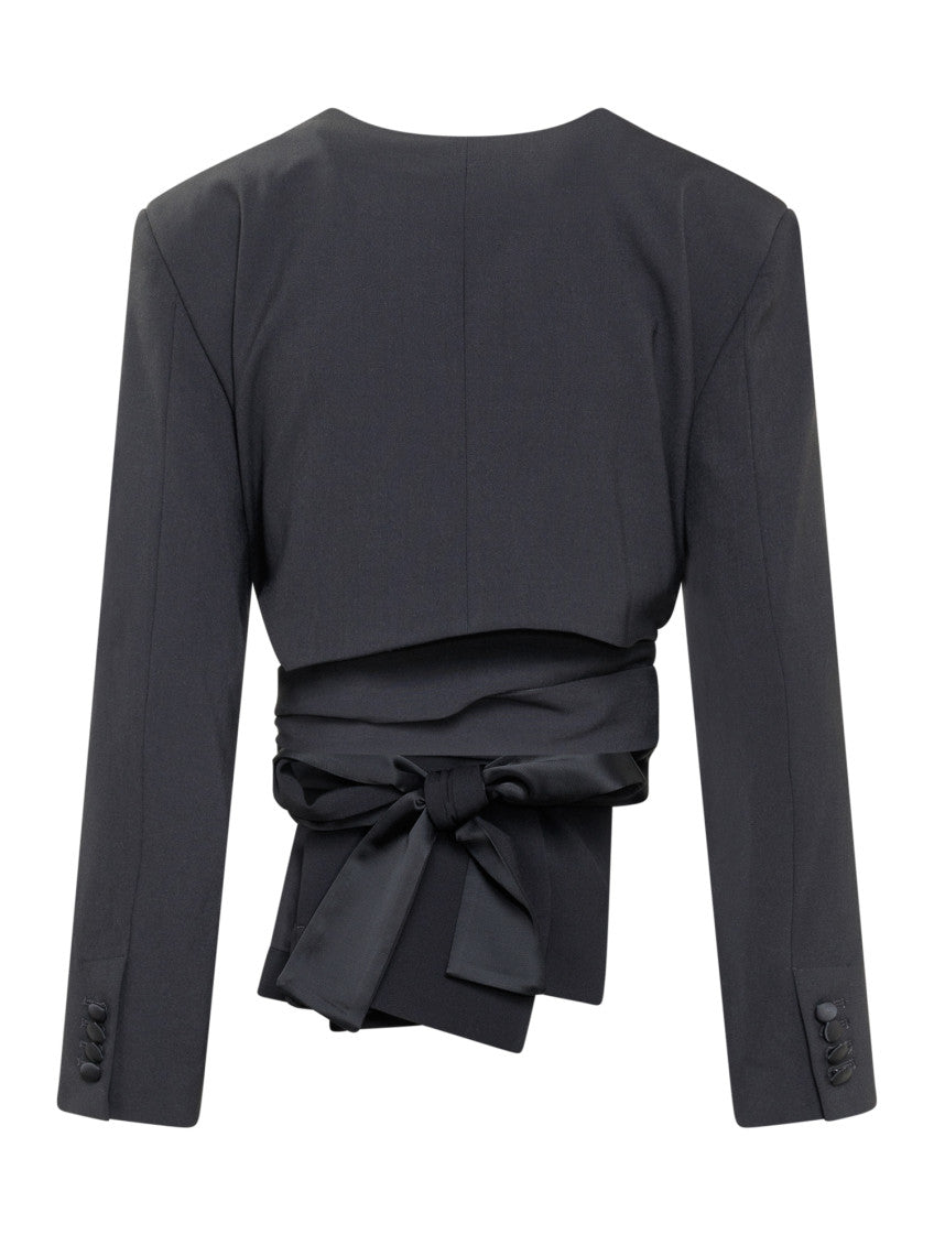 Black V Neck Tie Waist Blazer 2