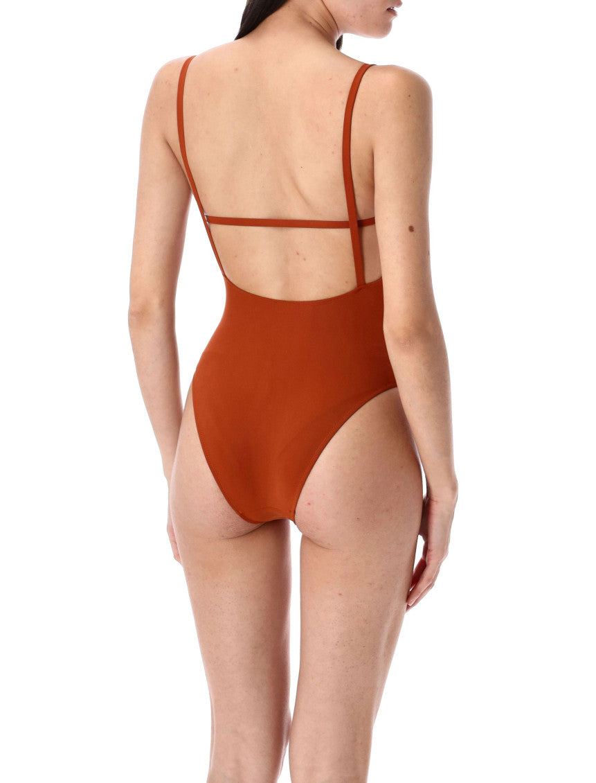 Brown strap detail swimsuit 2