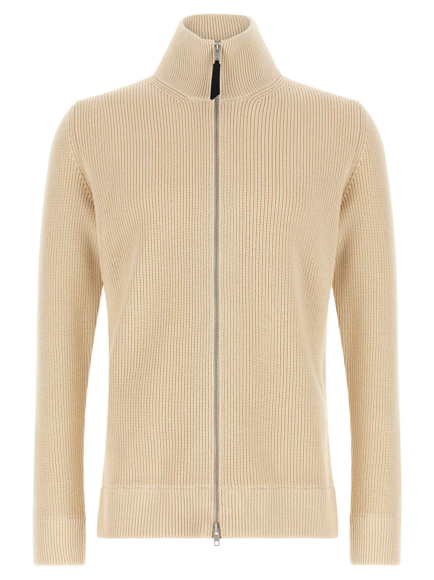 Beige Ribbed Zip-Up Sweater 1