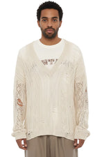 Beige Distressed V Neck Sweater 1