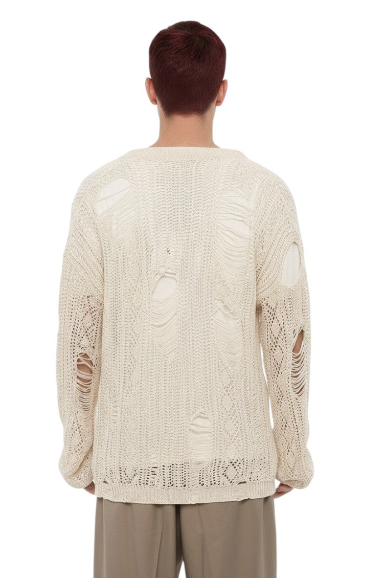 Beige Distressed V Neck Sweater 2