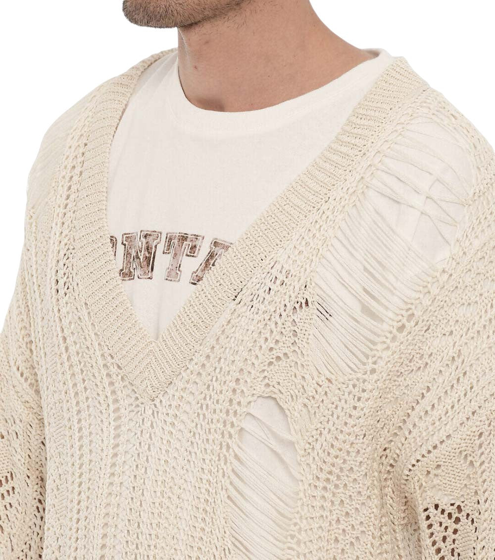 Beige Distressed V Neck Sweater 3