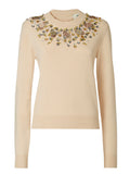 Beige Crewneck Rhinestone Sweater 1