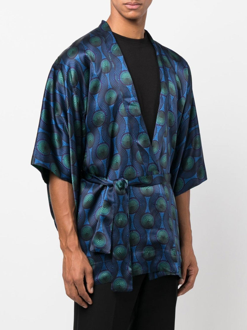 Blue Printed Silk Short Kimono 2