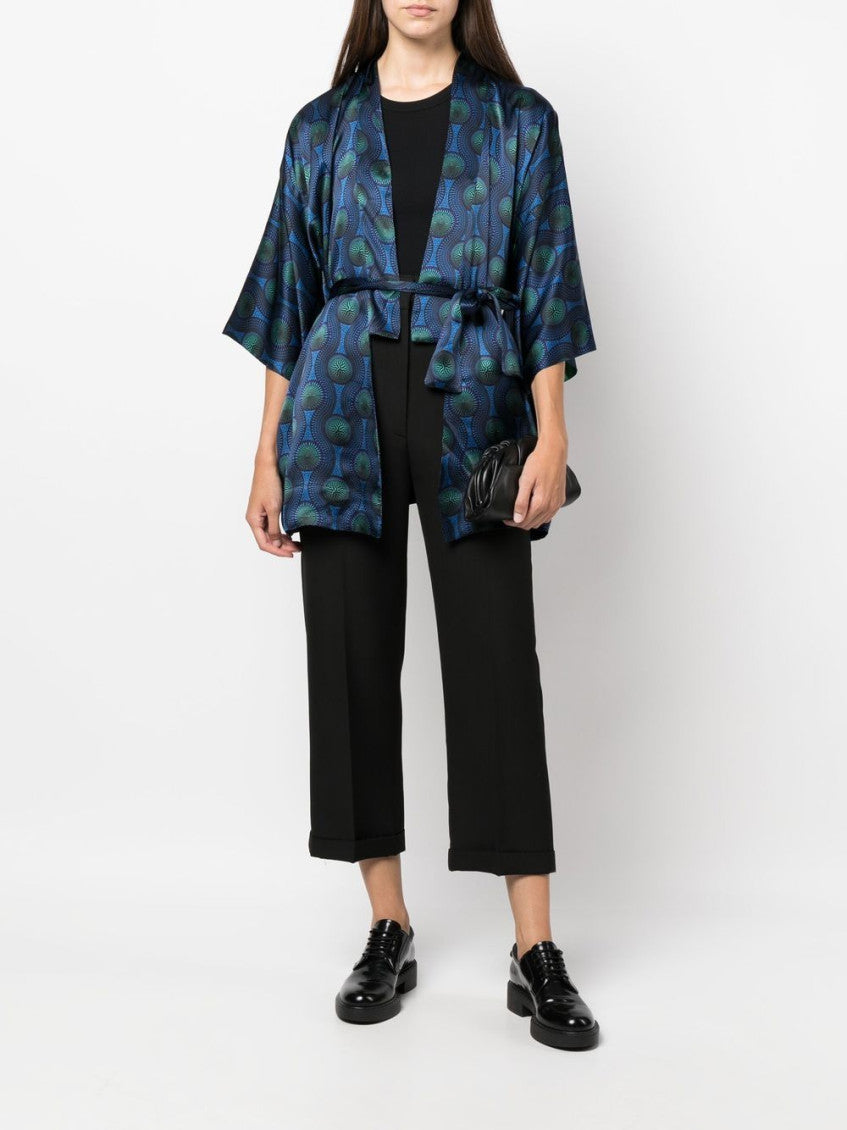 Blue Printed Silk Short Kimono 3