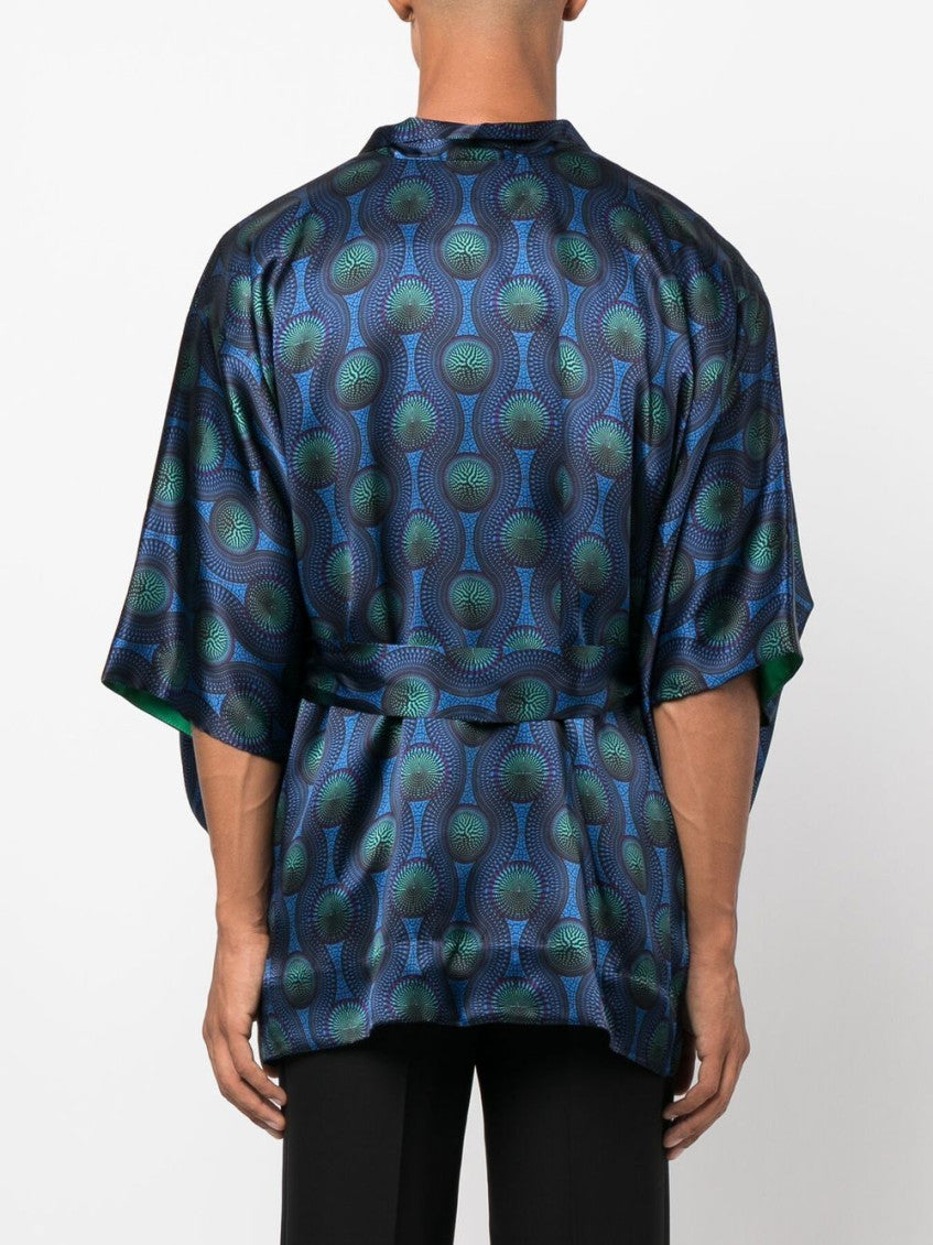 Blue Printed Silk Short Kimono 4