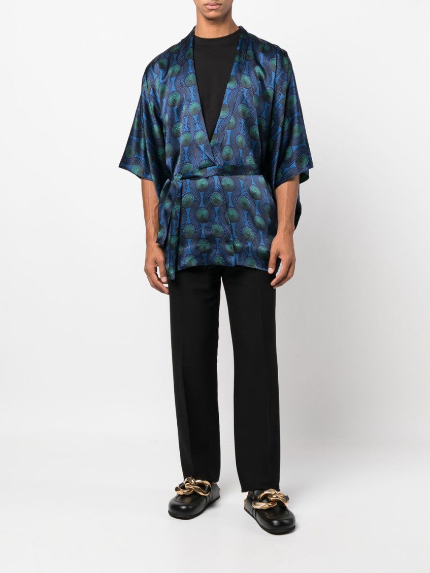 Blue Printed Silk Short Kimono 6