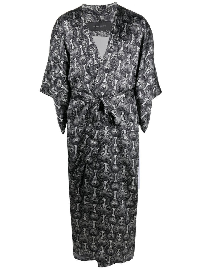 Grey Printed Silk Long Kimono 1