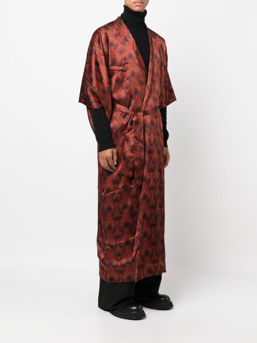 Red Printed Silk Long Kimono 4