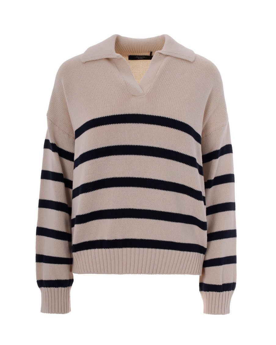 Beige Stripes Shirt Collar Sweater 1