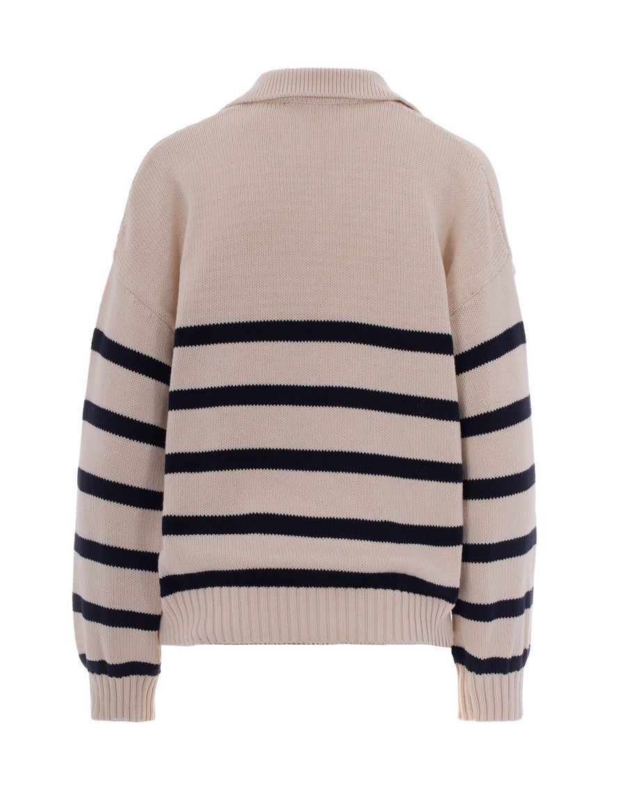 Beige Stripes Shirt Collar Sweater 2