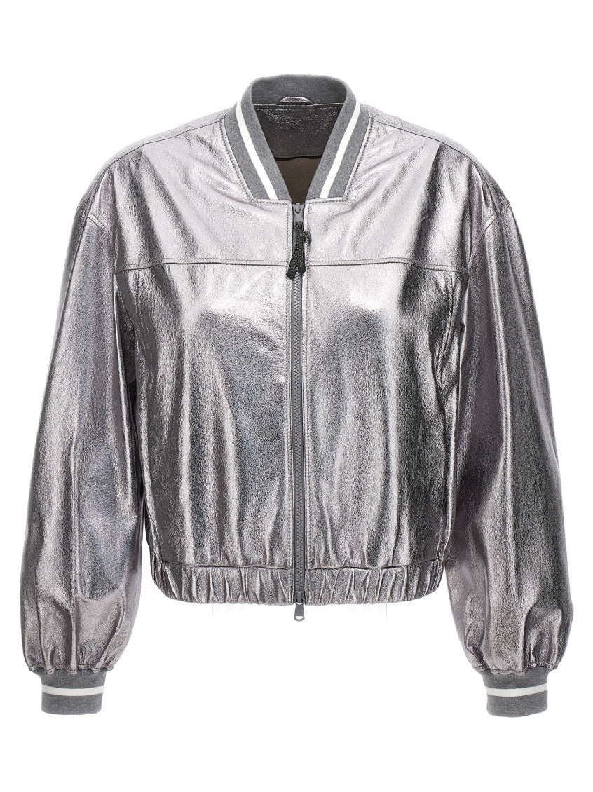 Silver Laminated leather bomber jacket 1