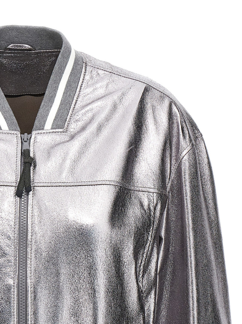 Silver Laminated leather bomber jacket 3