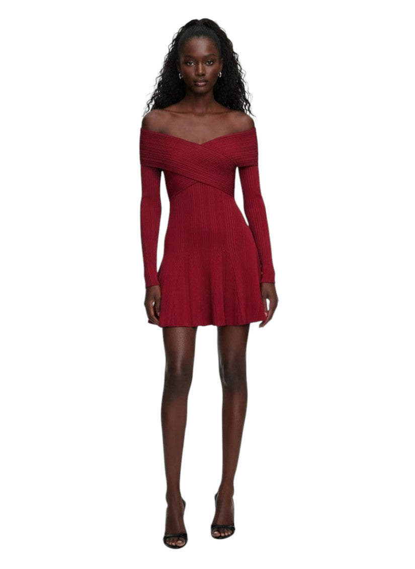 Maroon Knitted Off Shoulder Mini Dress 3