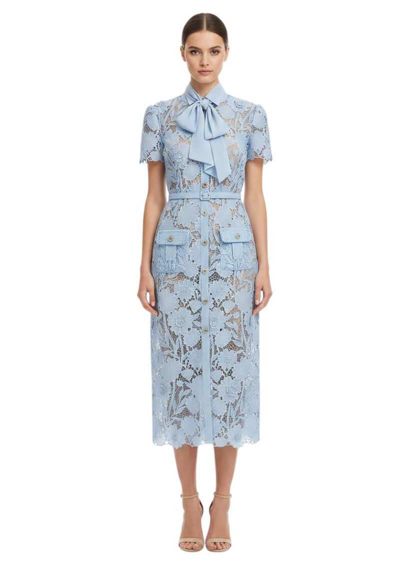 Light Blue Floral Shirt Collar Midi Dress 1