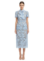 Light Blue Floral Shirt Collar Midi Dress 1