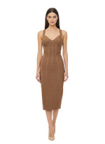 Brown Geometric Sweet Heart Neck Midi Dress 1