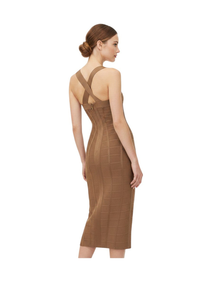 Brown Geometric Sweet Heart Neck Midi Dress 2