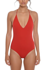 Red Solid Halter Neck Swimwear 1