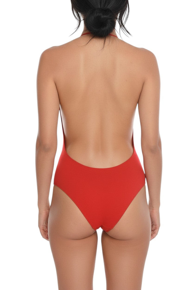 Red Solid Halter Neck Swimwear 2