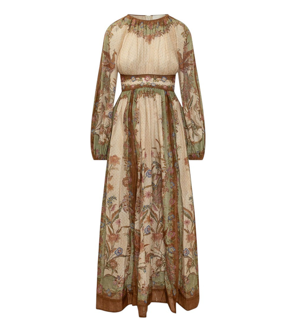 Beige Floral Round Neck Midi Dress 1