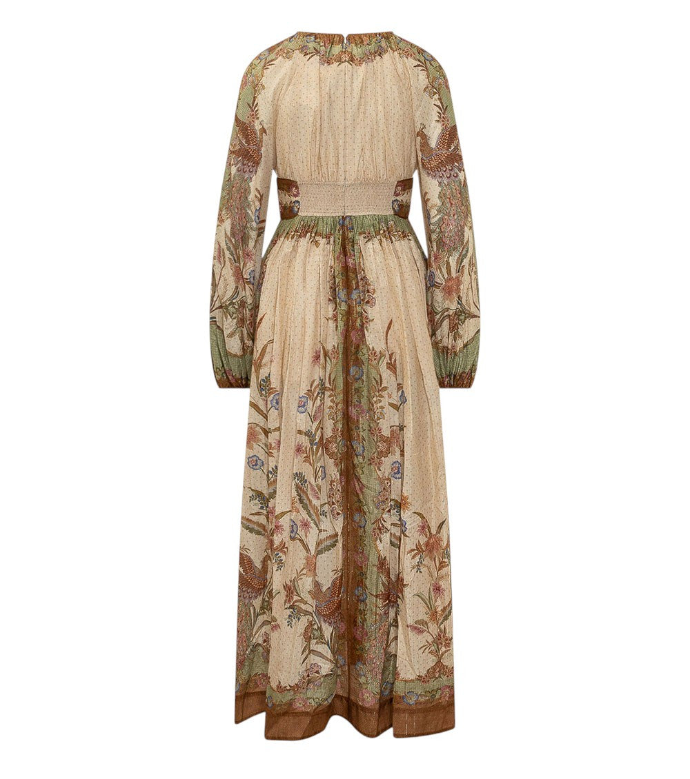 Beige Floral Round Neck Midi Dress 2