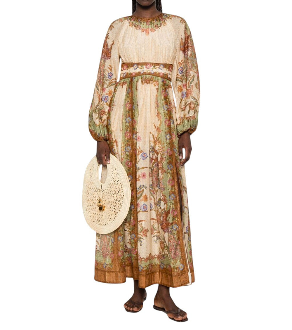 Beige Floral Round Neck Midi Dress 3
