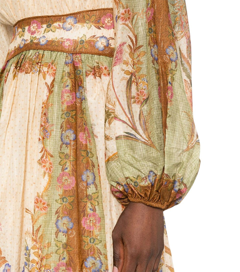 Beige Floral Round Neck Midi Dress 5