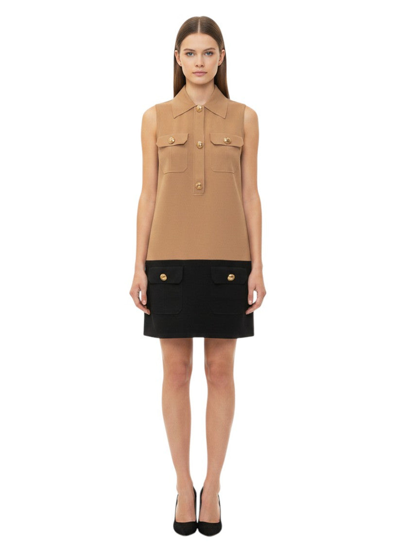 Brown Color Block Shirt Collar Mini Dress 1
