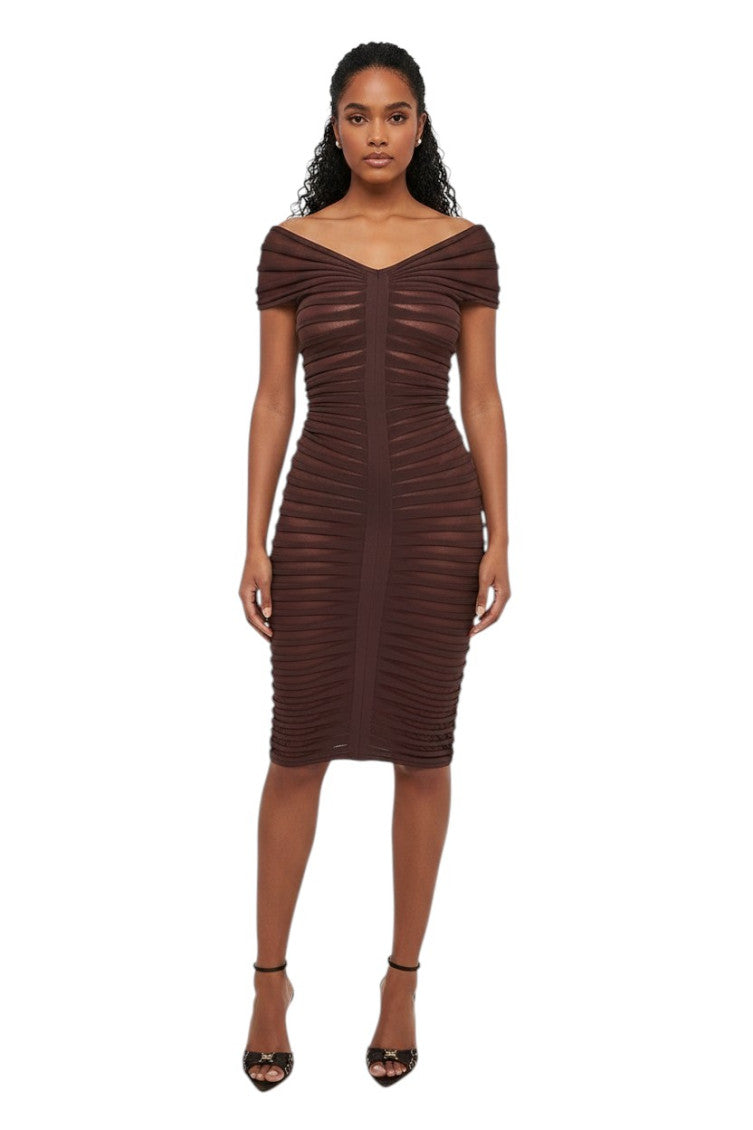 Brown Off Shoulder Midi Dress 1