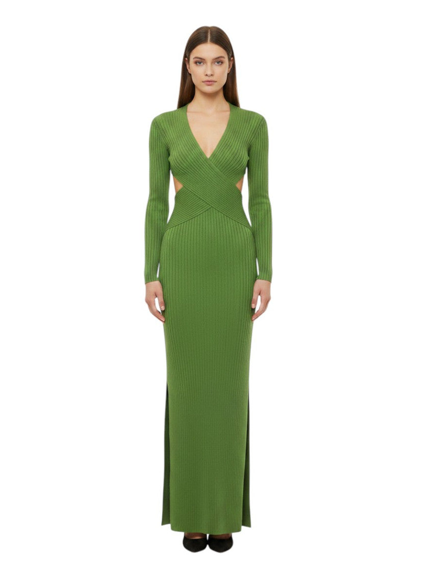 Green Textured V Neck Maxi Dress 1